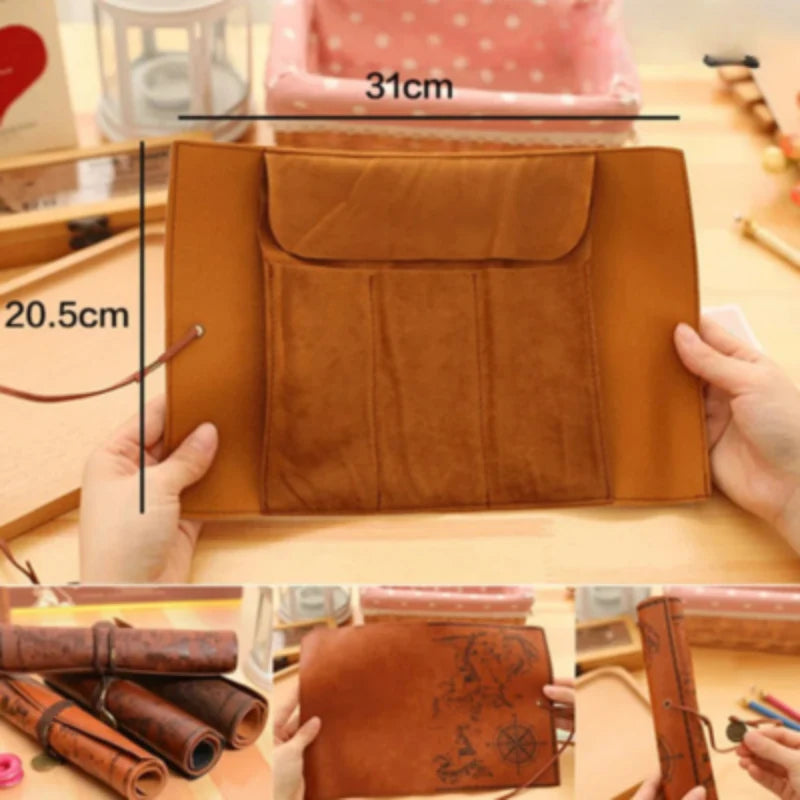 Pencil Case | Vintage Treasure Map & Roll-Up PU Leather | 12 x 8 in