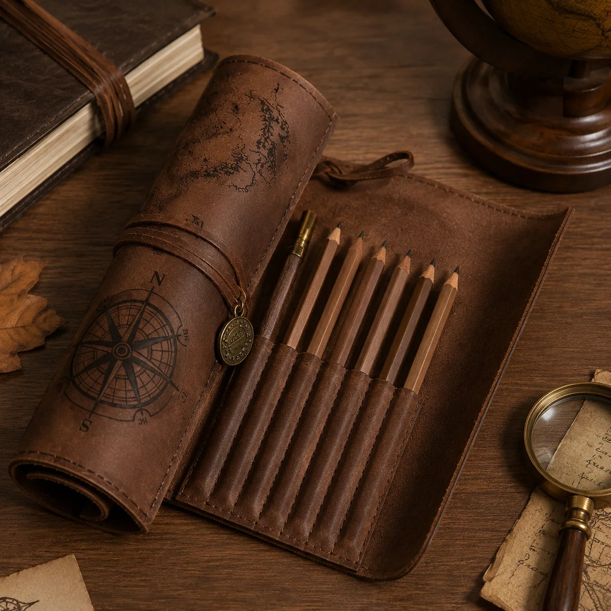 Pencil Case | Vintage Treasure Map & Roll-Up PU Leather | 12 x 8 in