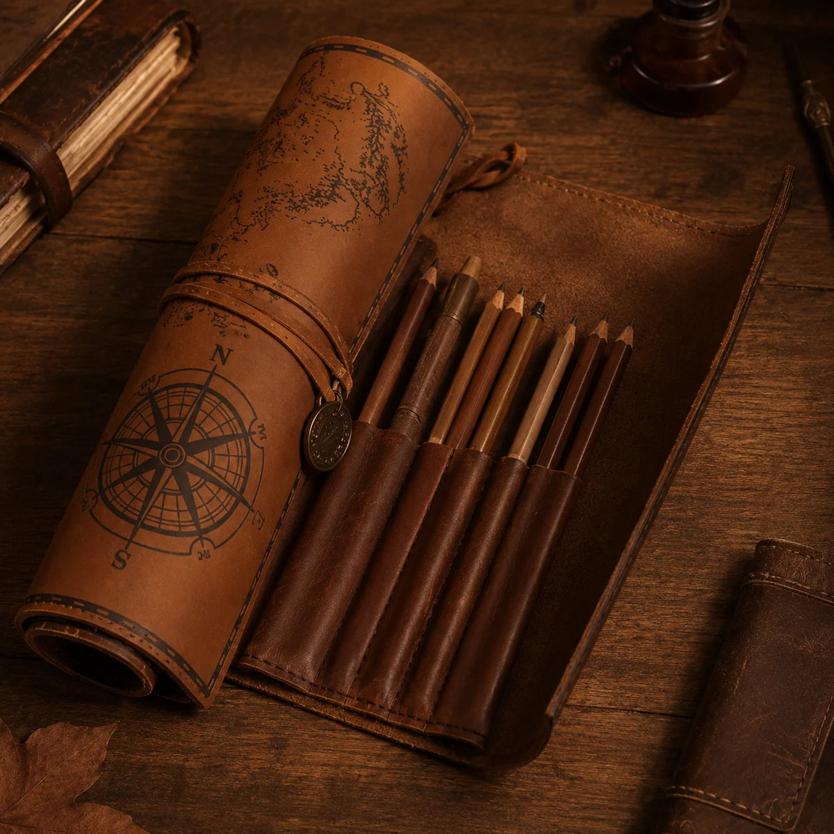 Pencil Case | Vintage Treasure Map & Roll-Up PU Leather | 12 x 8 in
