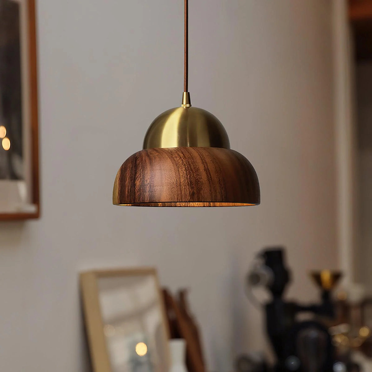 Pendant Lamp | Walnut Wood & Brass Accents | Adjustable Hanging Cable