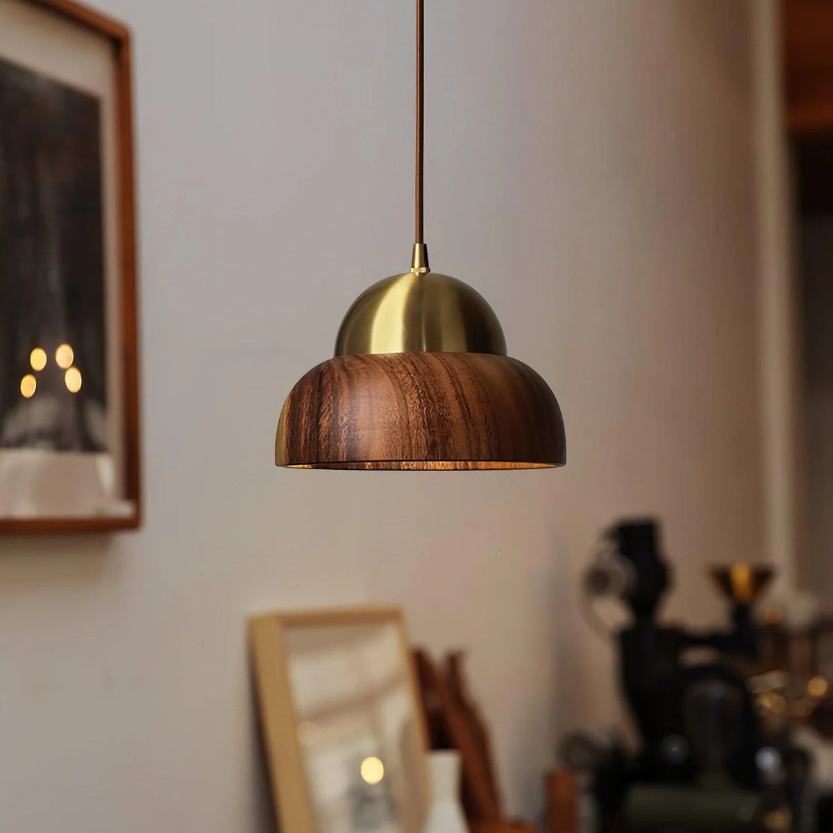 Pendant Lamp | Walnut Wood & Brass Accents | Adjustable Hanging Cable