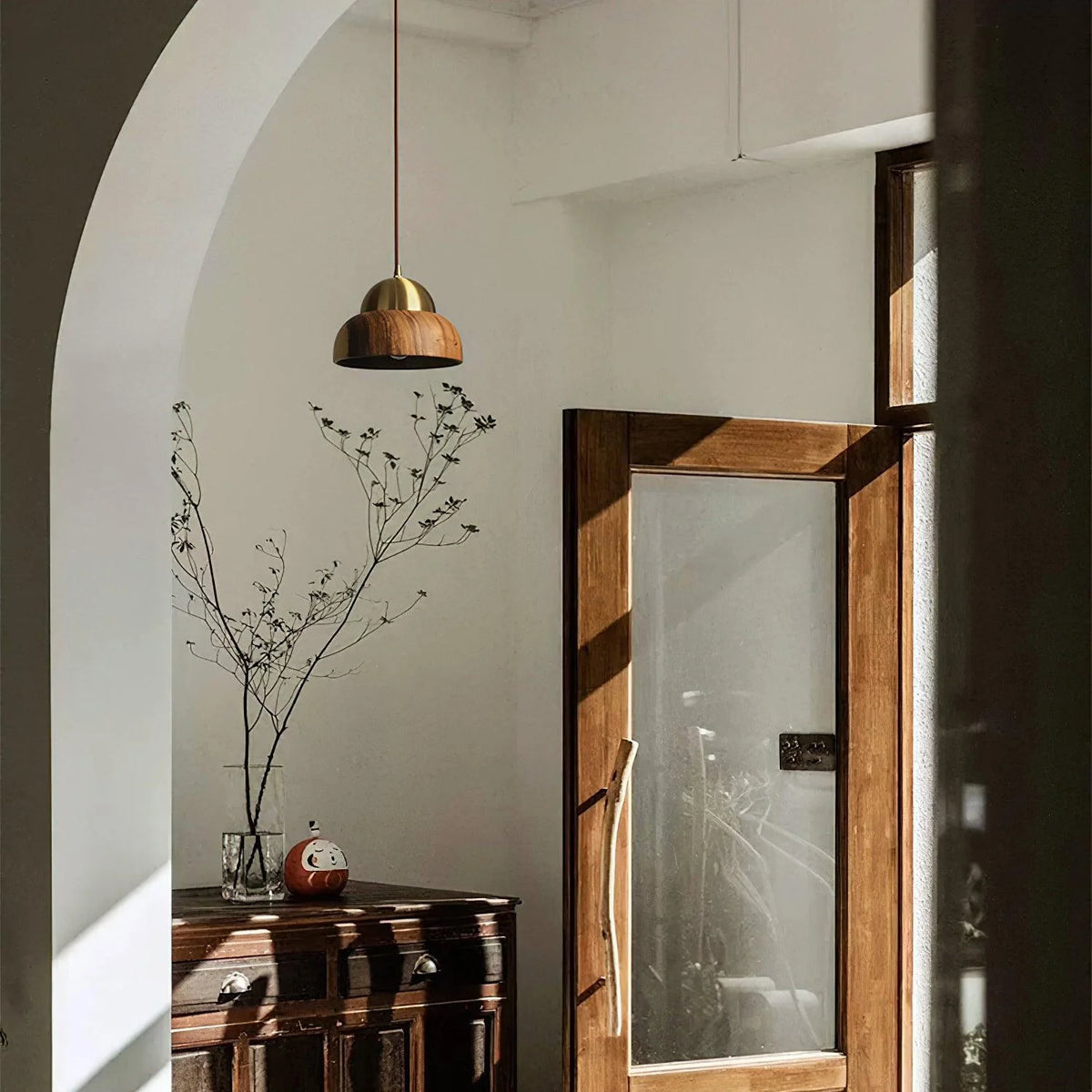 Pendant Lamp | Walnut Wood & Brass Accents | Adjustable Hanging Cable