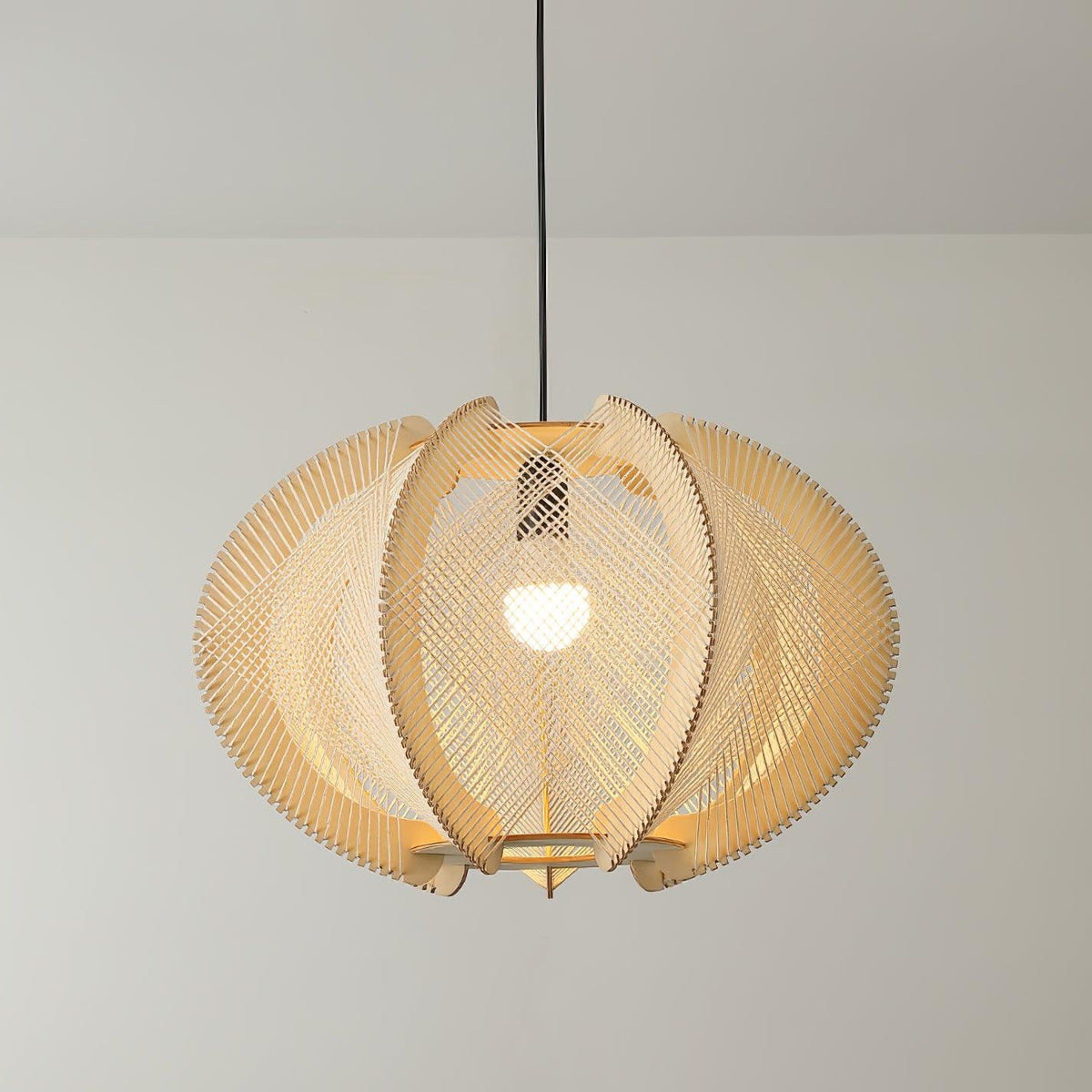 Pendant Lamp | Cylindrical Fabric Shade | Wood Frame & Metal Accents