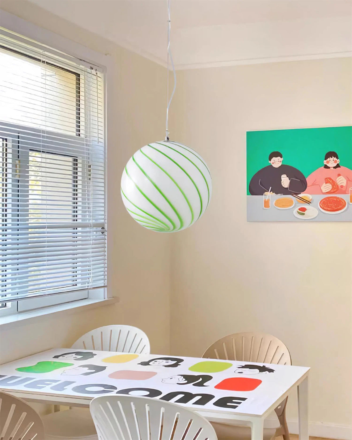 Pendant Lamp | Green Swirl Glass Globe | Metal Fittings, 30 cm