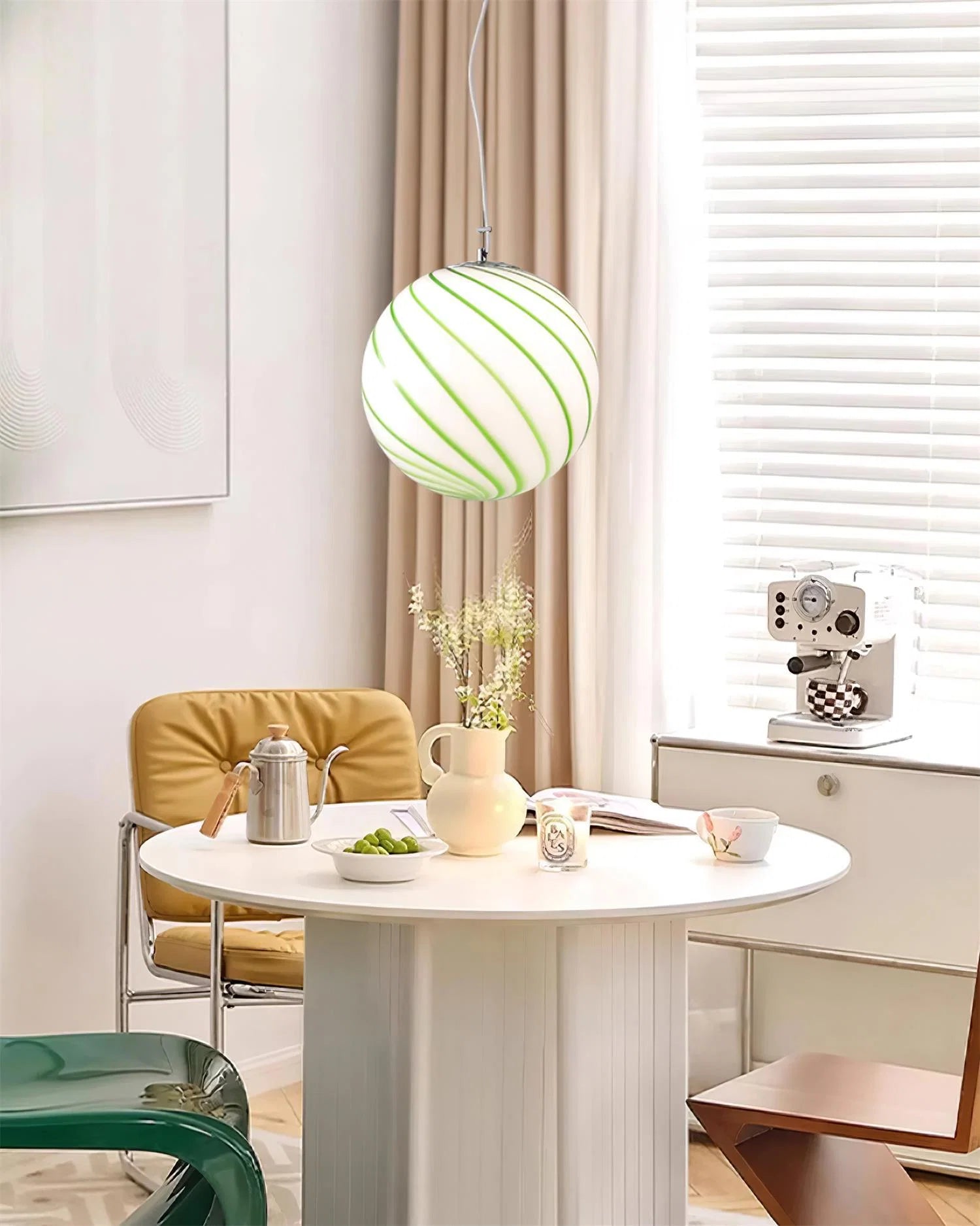 Pendant Lamp | Green Swirl Glass Globe | Metal Fittings, 30 cm