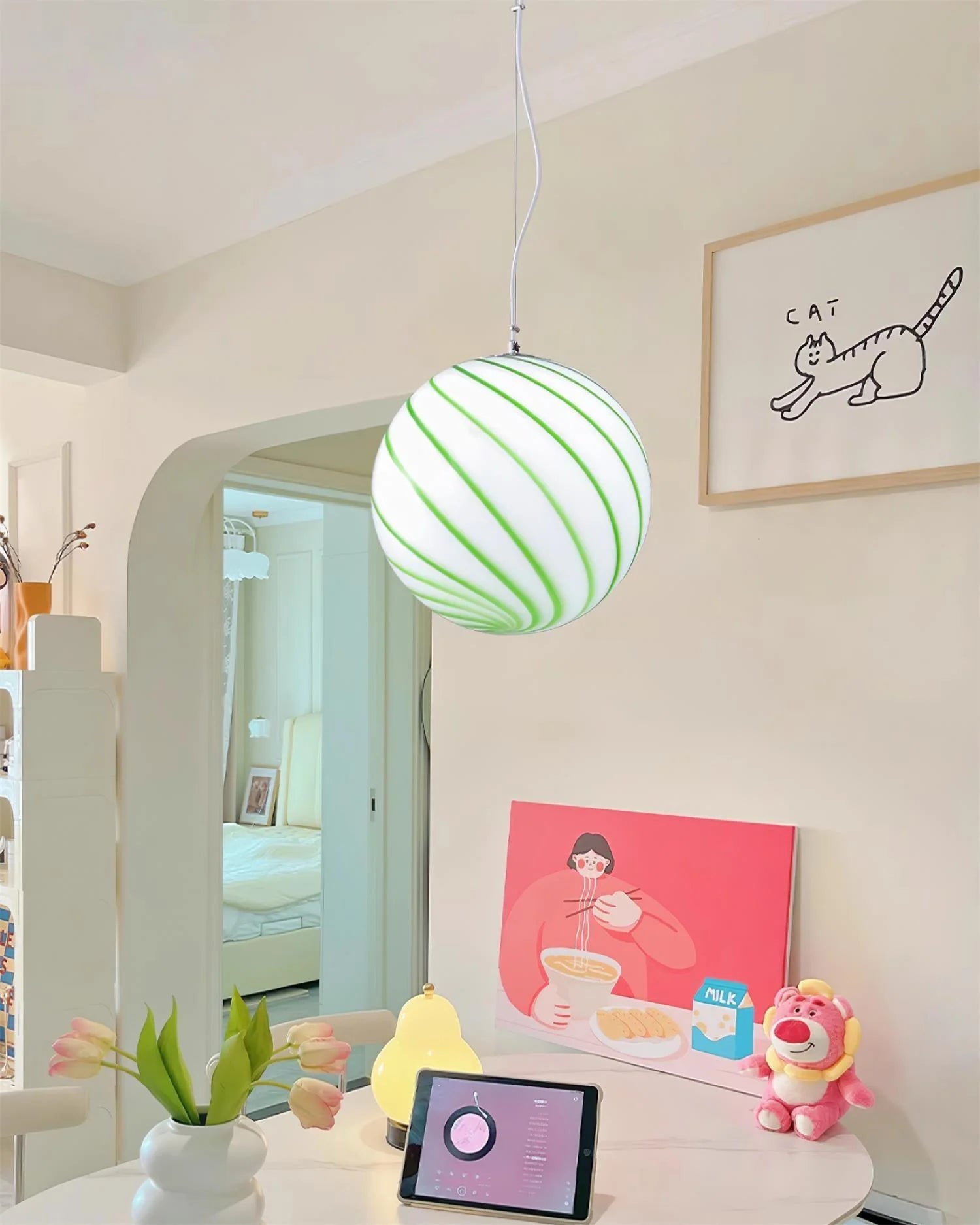 Pendant Lamp | Green Swirl Glass Globe | Metal Fittings, 30 cm