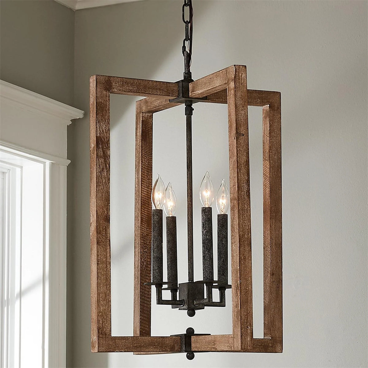 Lantern Pendant Light | Solid Wood Shades & Metal Body | 4 Lights