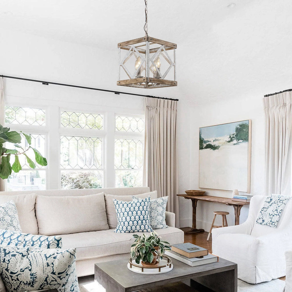 Pendant Light | 4-Head Wood & Metal | Antique White