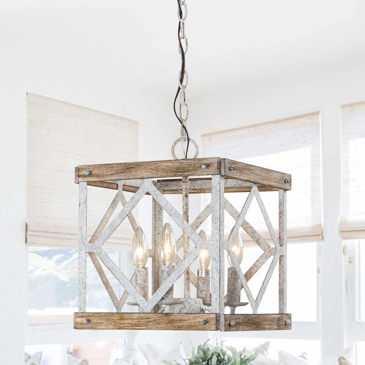 Pendant Light | 4-Head Wood & Metal | Antique White
