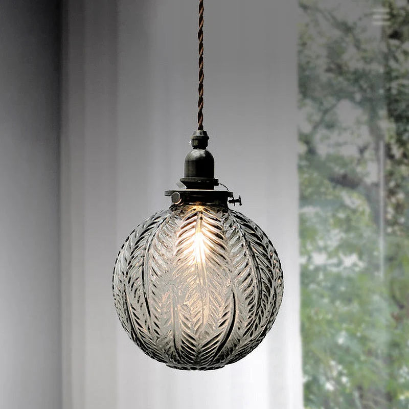 Pendant Light | Etched Leaf Glass Globe & Antique-Style Mount