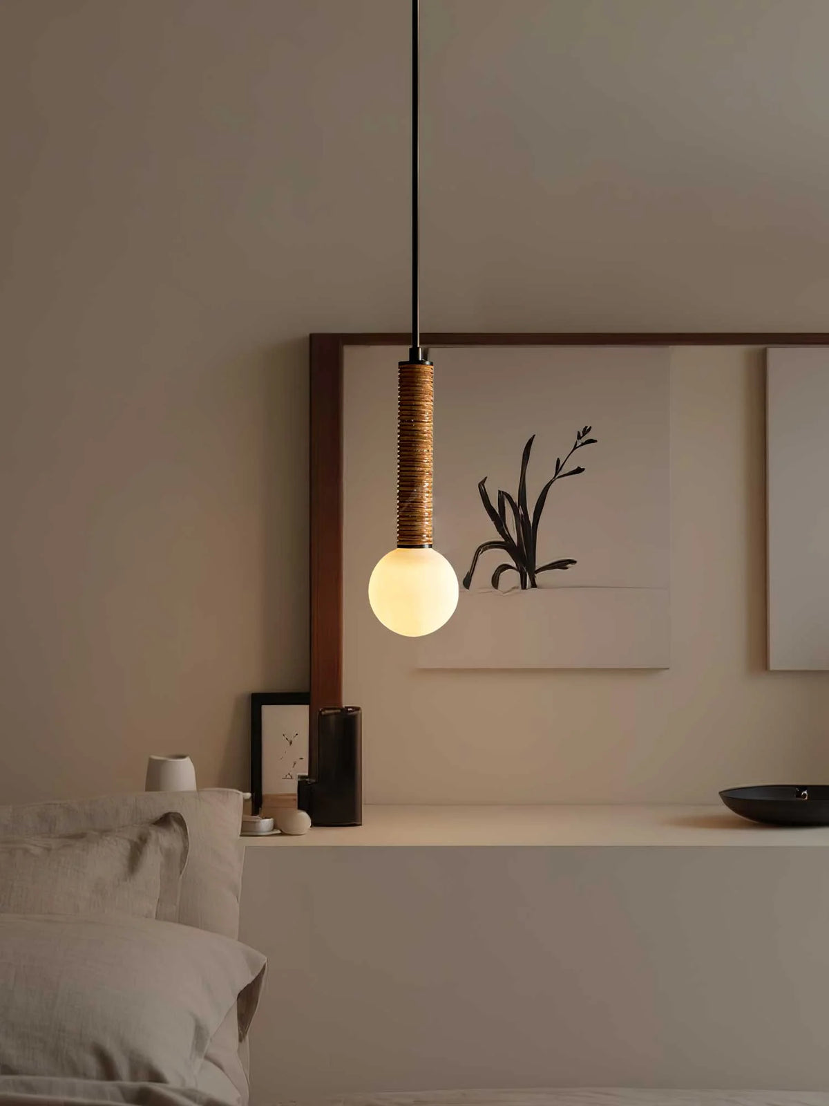 Pendant Light | Leather Strap & White Glass Shade | 12 cm Diameter