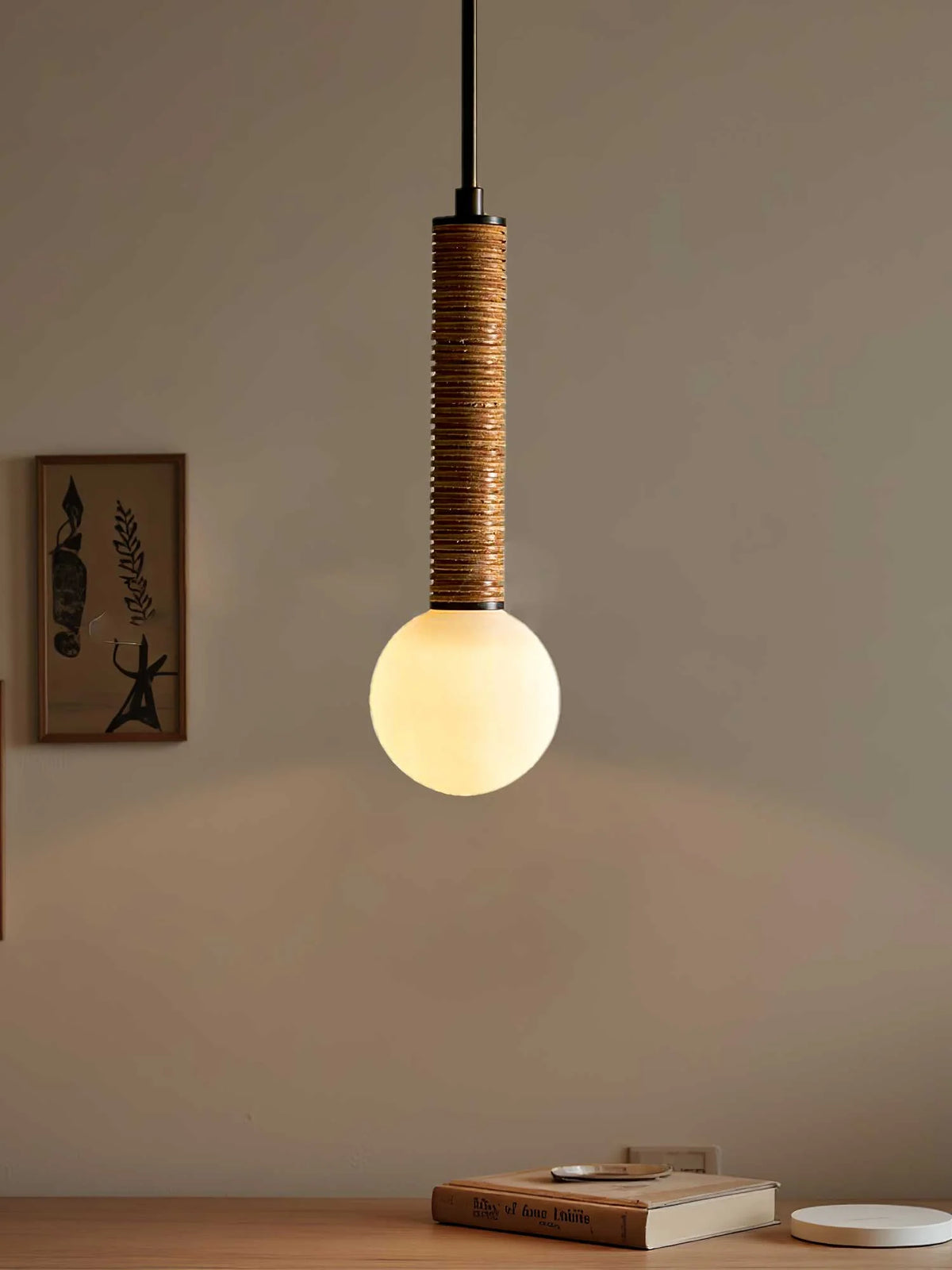 Pendant Light | Leather Strap & White Glass Shade | 12 cm Diameter