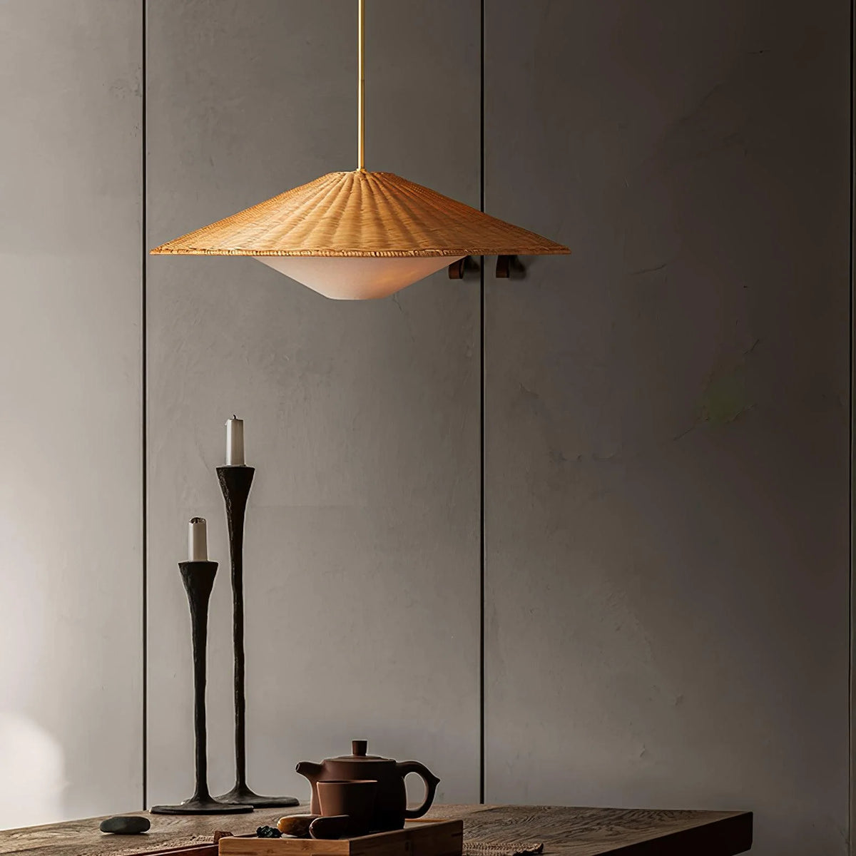 Pendant Light | Natural Rattan Shade & Gold Frame | Adjustable Hanging Rod