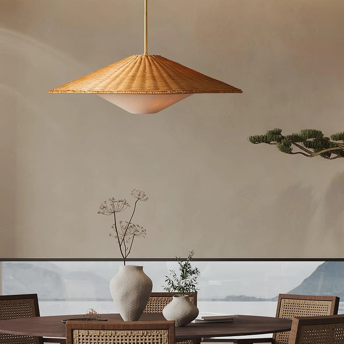 Pendant Light | Natural Rattan Shade & Gold Frame | Adjustable Hanging Rod