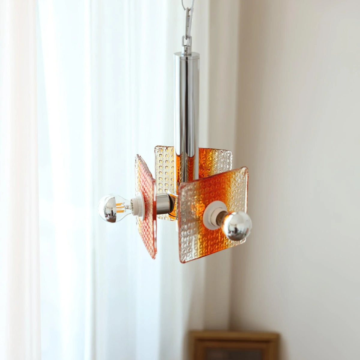 Pendant Light | Orange Glass Shade & Chrome Iron Frame | 50 cm Chain