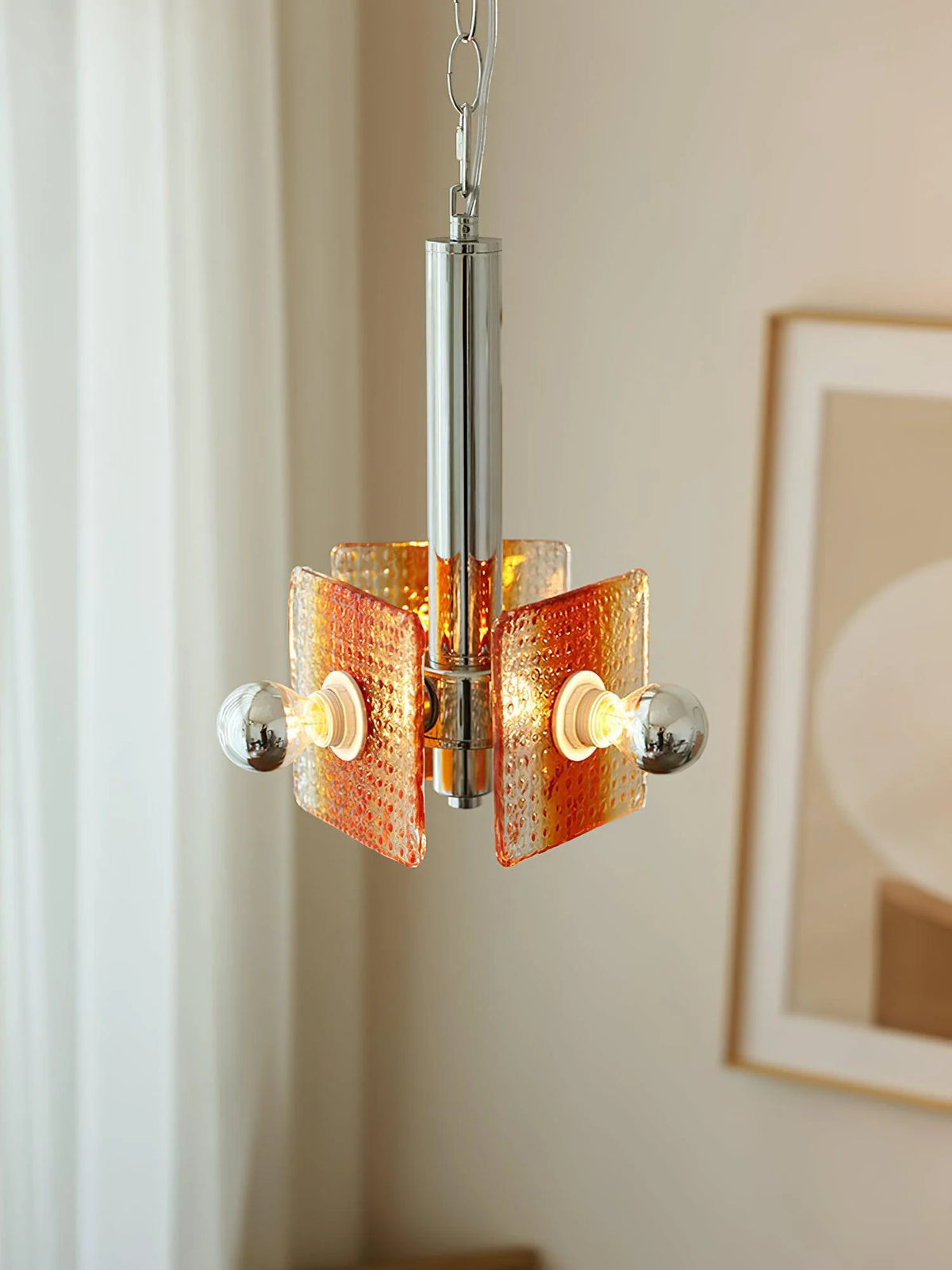 Pendant Light | Orange Glass Shade & Chrome Iron Frame | 50 cm Chain
