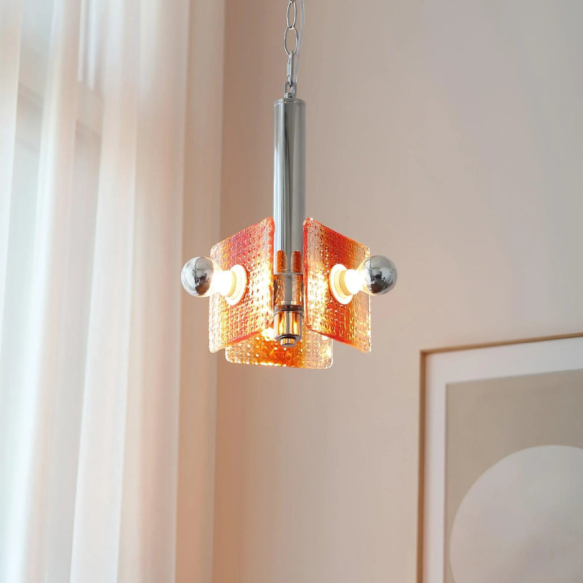 Pendant Light | Orange Glass Shade & Chrome Iron Frame | 50 cm Chain