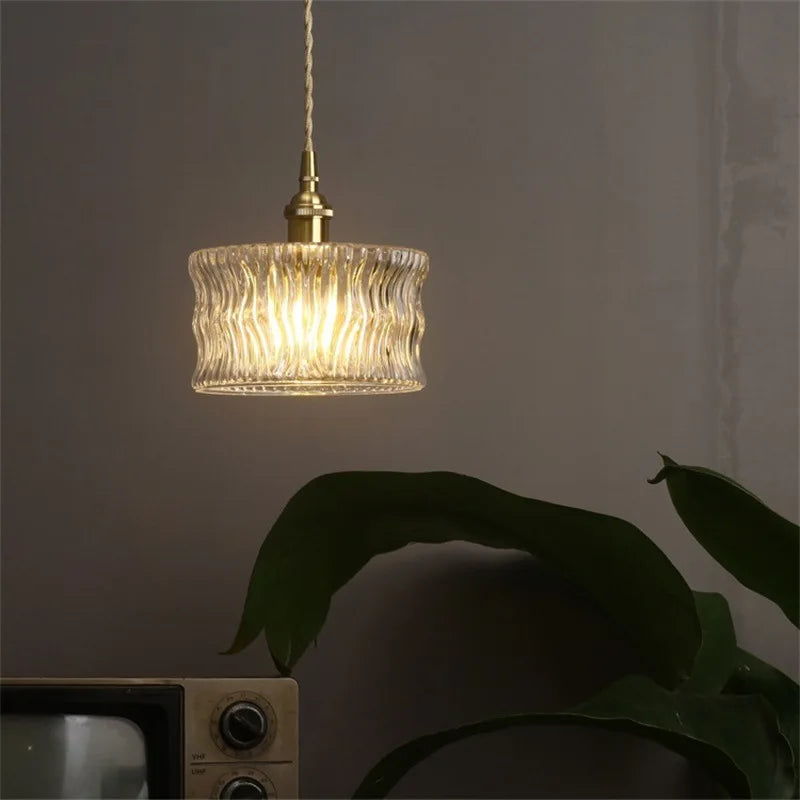 Pendant Light | Ribbed Glass & Brass Finish | Adjustable Cable