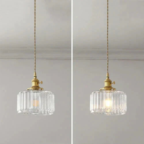 Pendant Light | Ribbed Glass & Brass Finish | Adjustable Cable