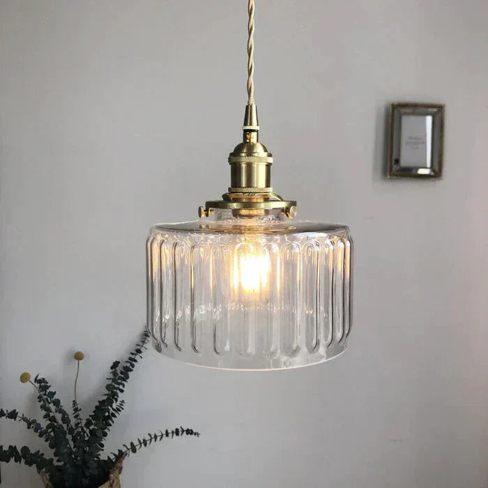 Pendant Light | Ribbed Glass & Brass Finish | Adjustable Cable