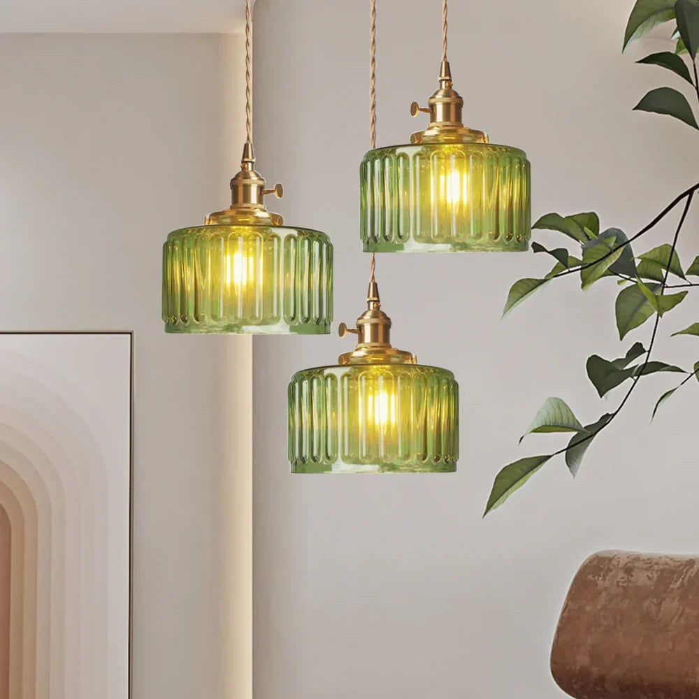 Pendant Light | Ribbed Glass & Brass Finish | Adjustable Cable