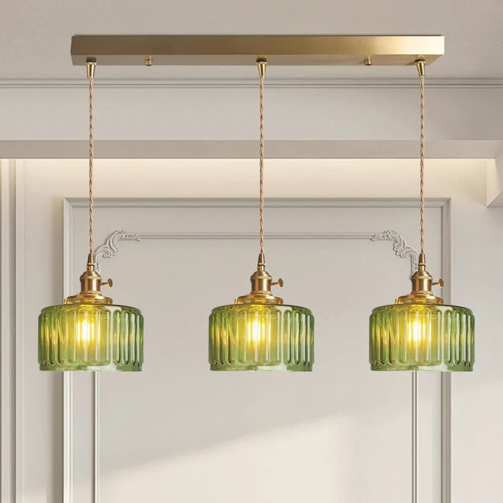 Pendant Light | Ribbed Glass & Brass Finish | Adjustable Cable