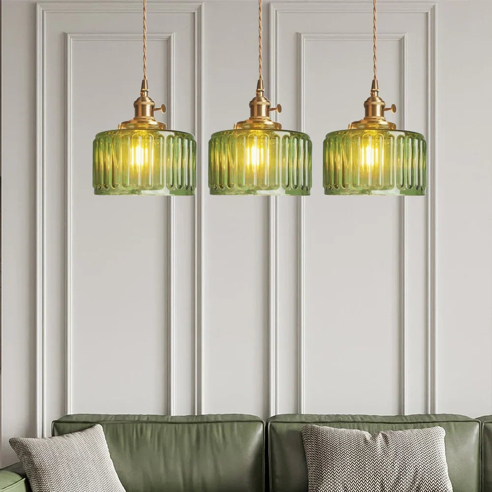 Pendant Light | Ribbed Glass & Brass Finish | Adjustable Cable