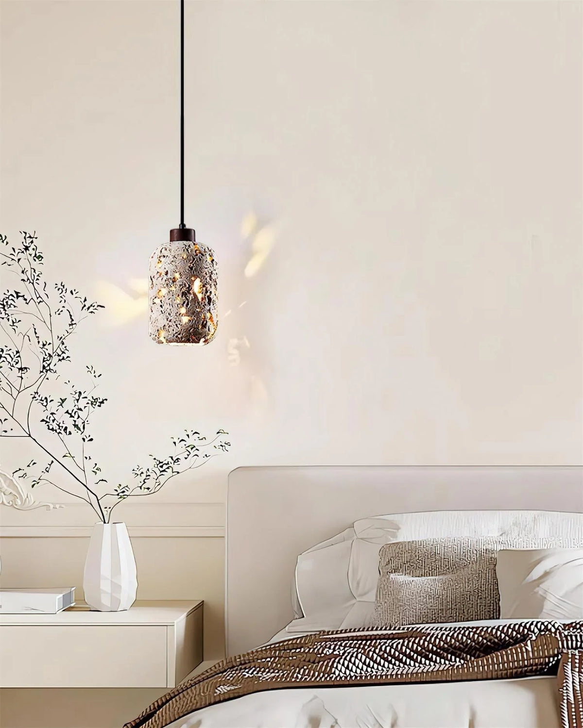 Pendant Light | Travertine Shade & Walnut Wood | 13 cm Diameter