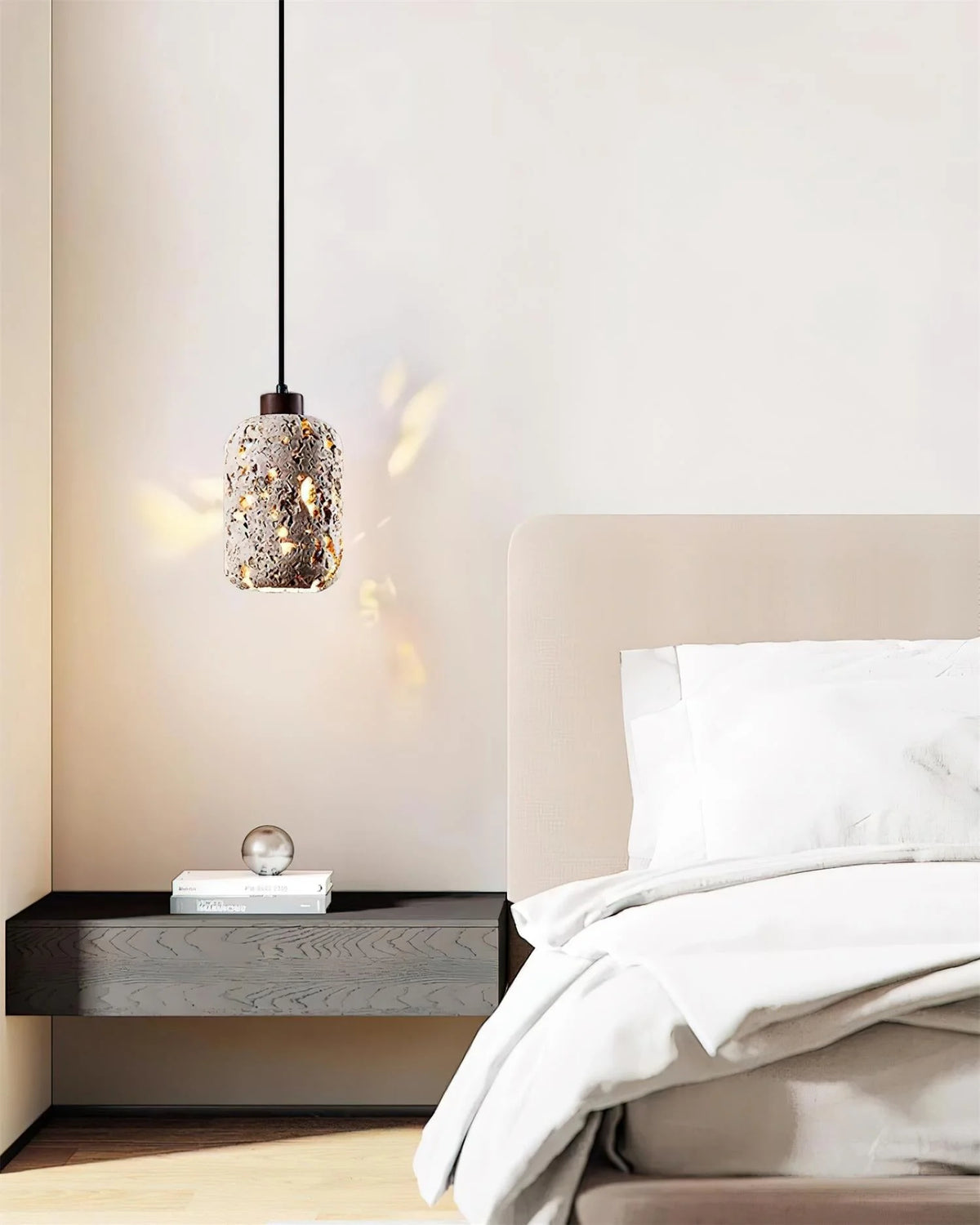 Pendant Light | Travertine Shade & Walnut Wood | 13 cm Diameter