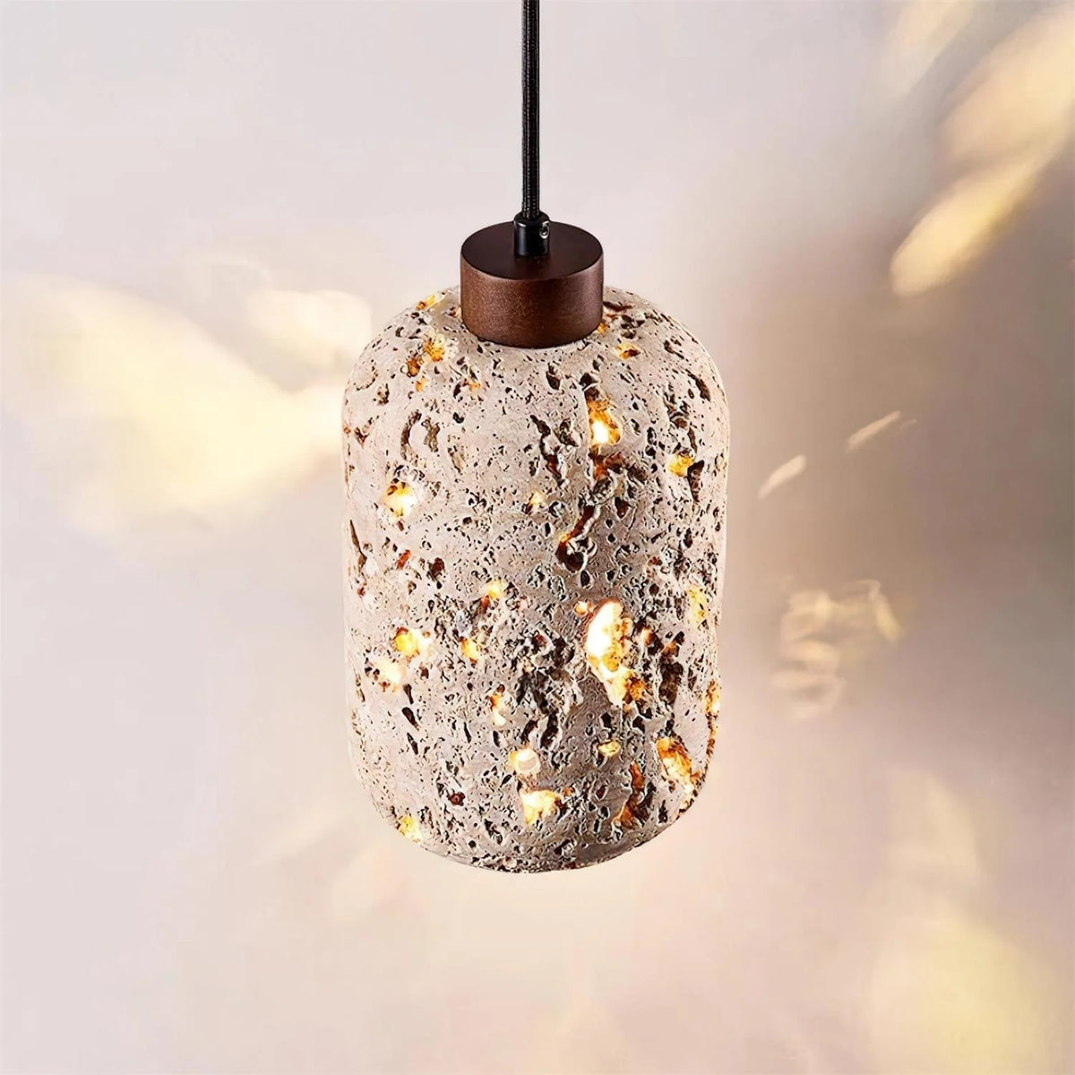 Pendant Light | Travertine Shade & Walnut Wood | 13 cm Diameter