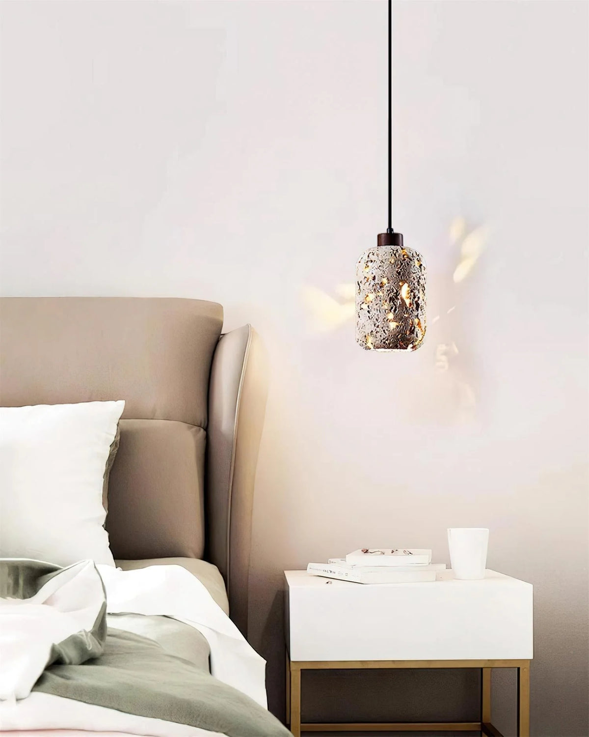 Pendant Light | Travertine Shade & Walnut Wood | 13 cm Diameter
