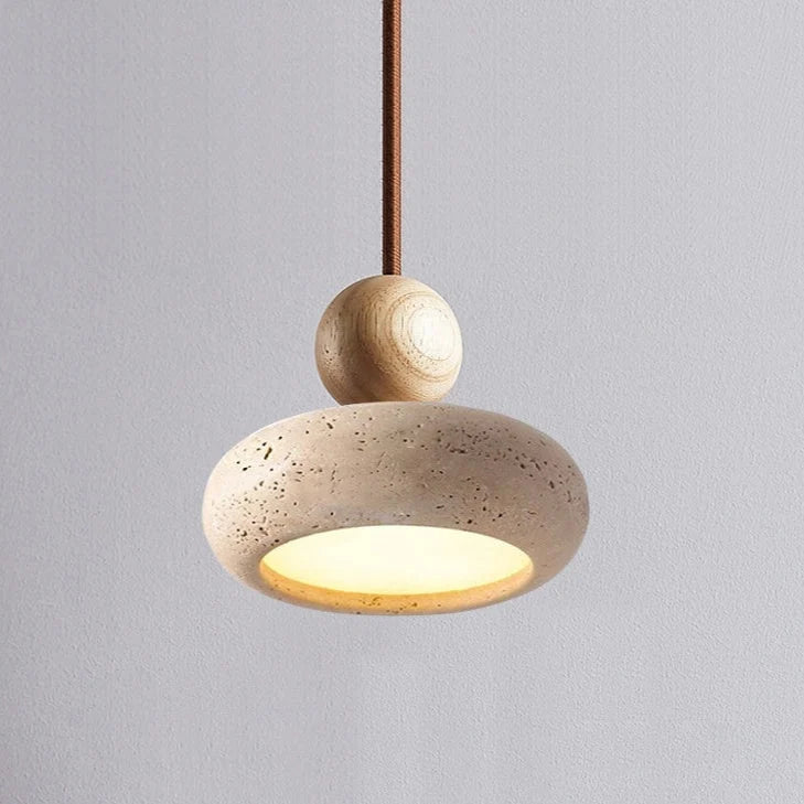 Pendant Light | Travertine & Solid Wood | Integrated Warm LED