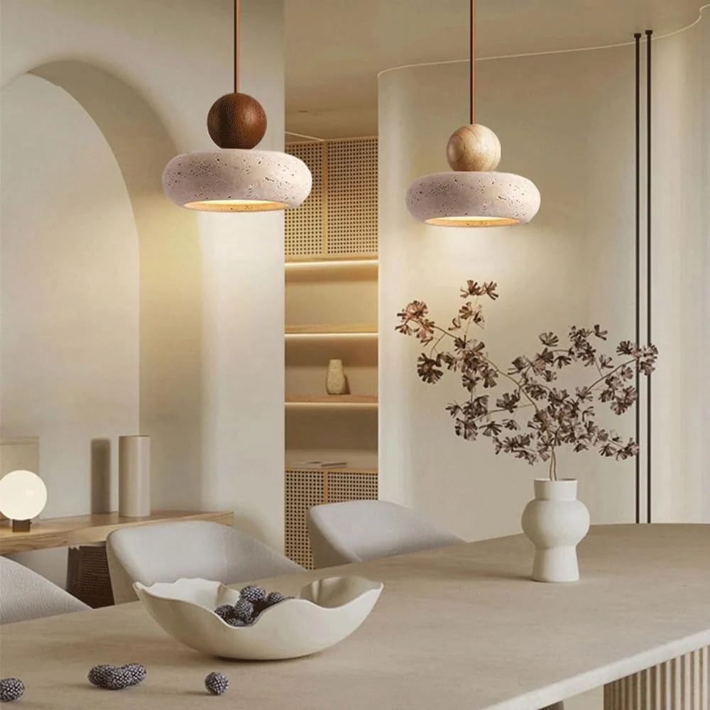 Pendant Light | Travertine & Solid Wood | Integrated Warm LED