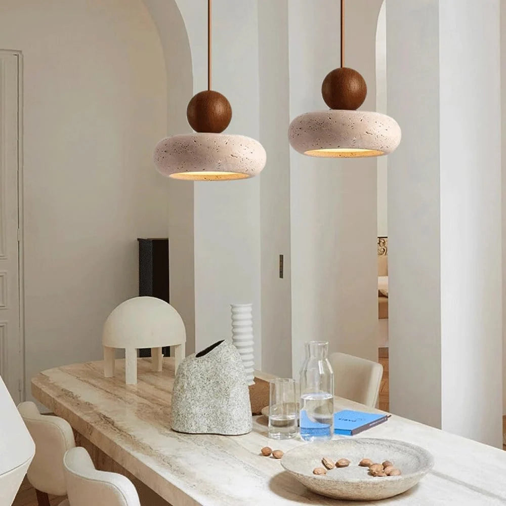 Pendant Light | Travertine & Solid Wood | Integrated Warm LED