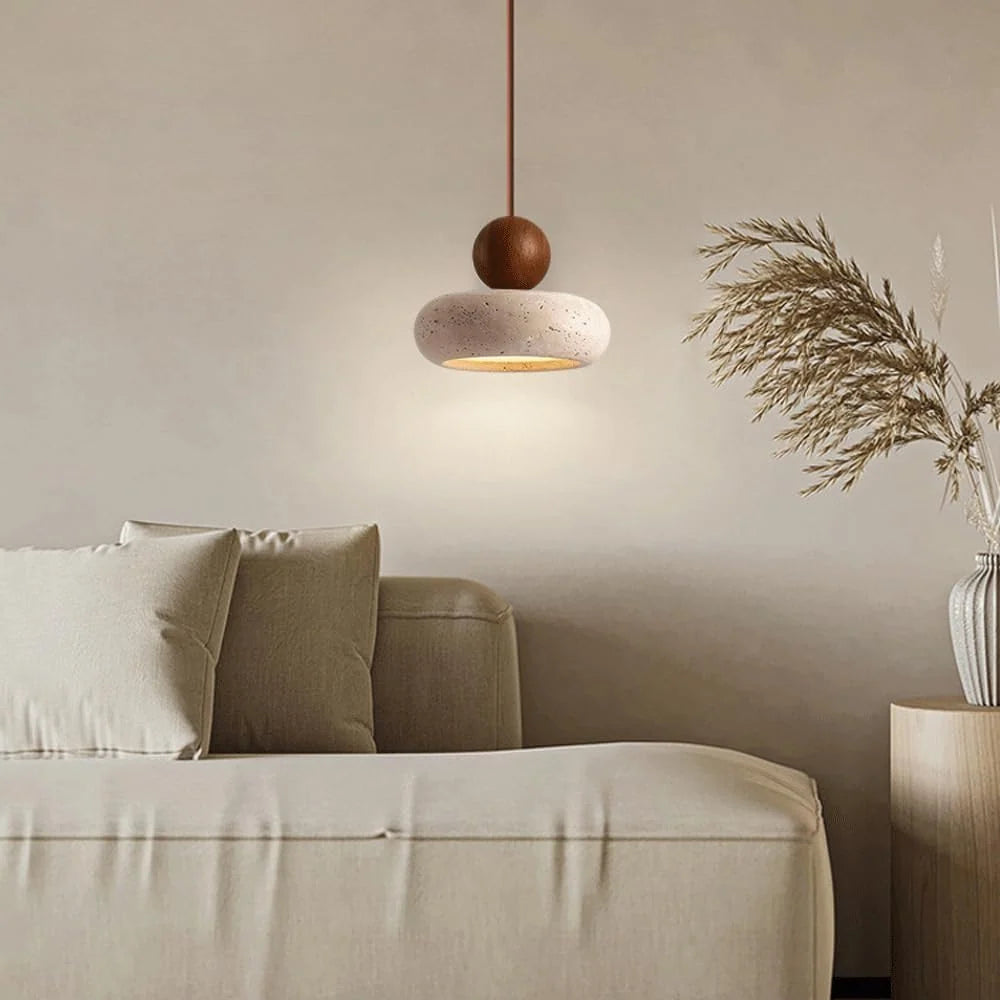 Pendant Light | Travertine & Solid Wood | Integrated Warm LED