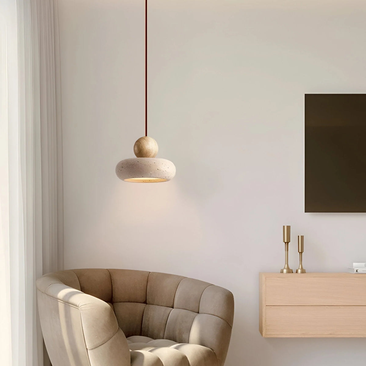 Pendant Light | Travertine & Solid Wood | Integrated Warm LED