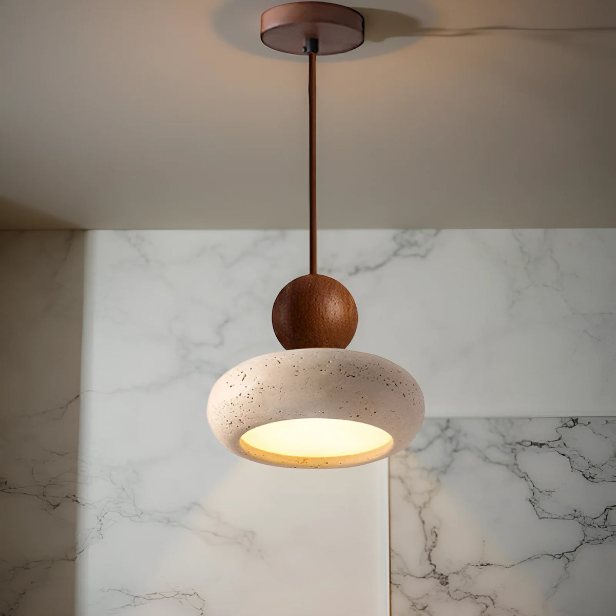 Pendant Light | Travertine & Solid Wood | Integrated Warm LED