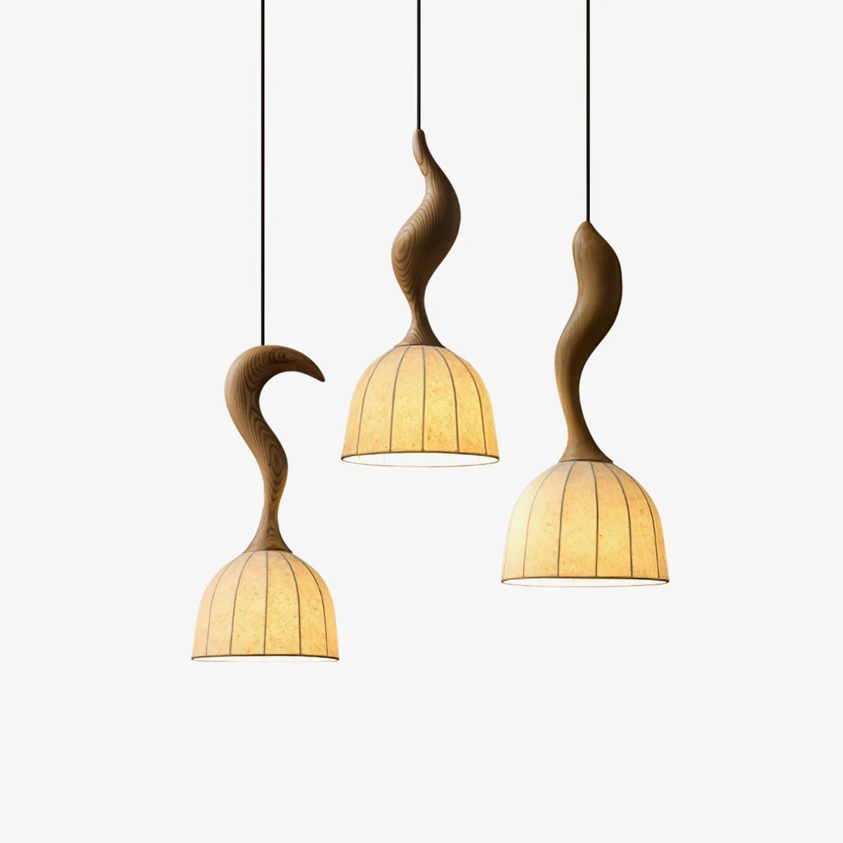 Pendant Light | Twisted Wood & White Paper Shade | 23 cm Diameter