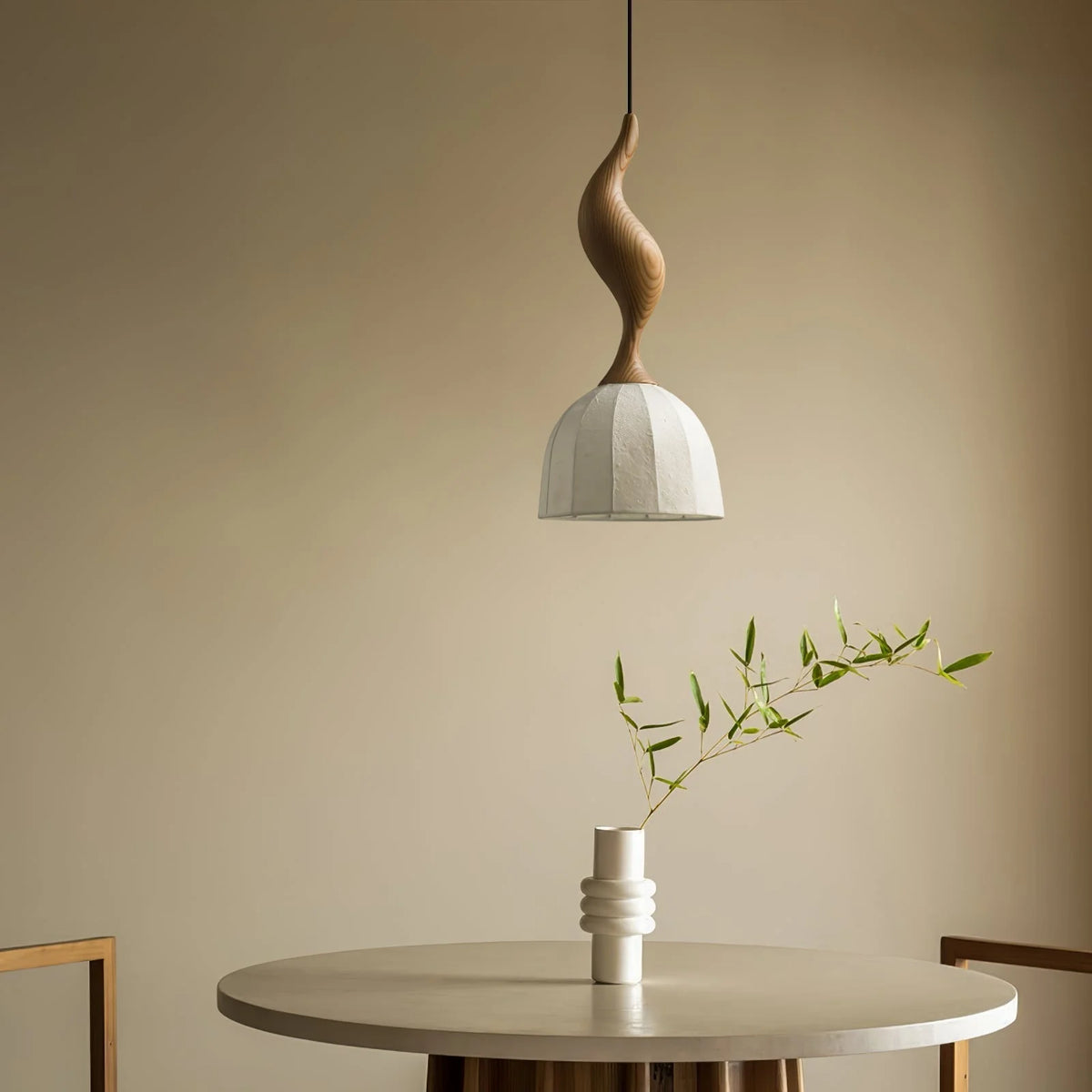 Pendant Light | Twisted Wood & White Paper Shade | 23 cm Diameter