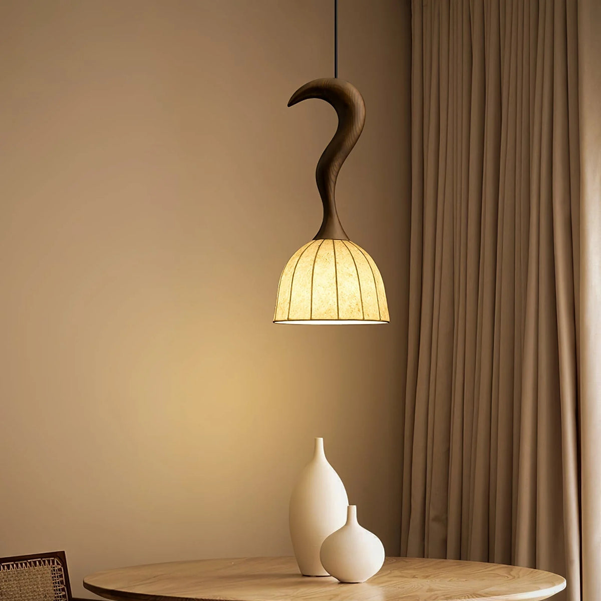 Pendant Light | Twisted Wood & White Paper Shade | 23 cm Diameter