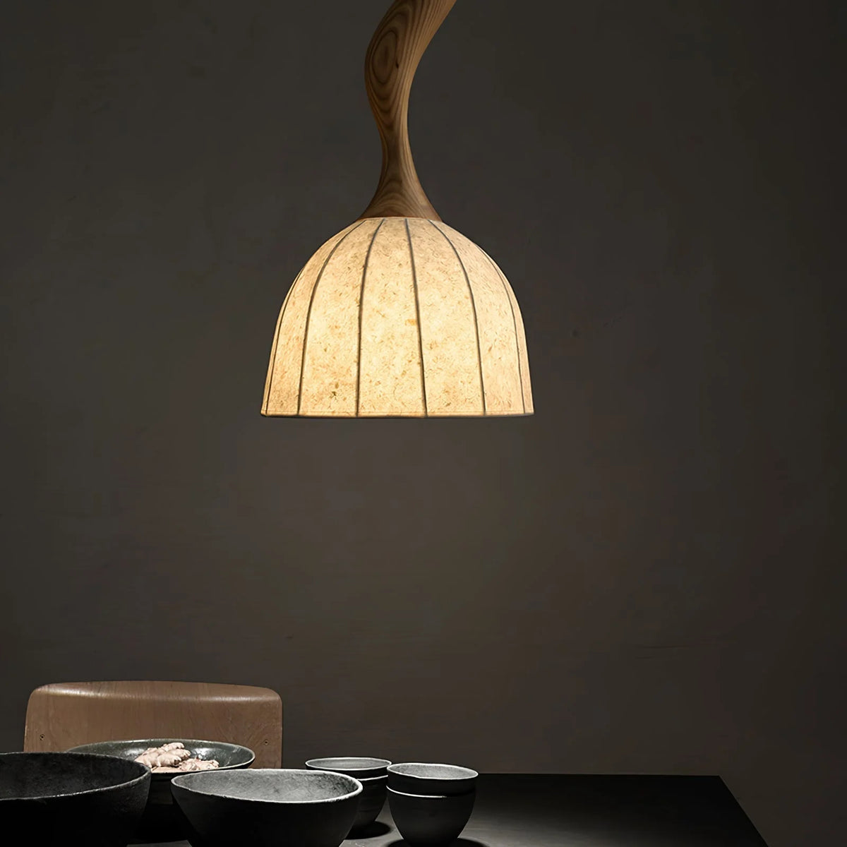 Pendant Light | Twisted Wood & White Paper Shade | 23 cm Diameter