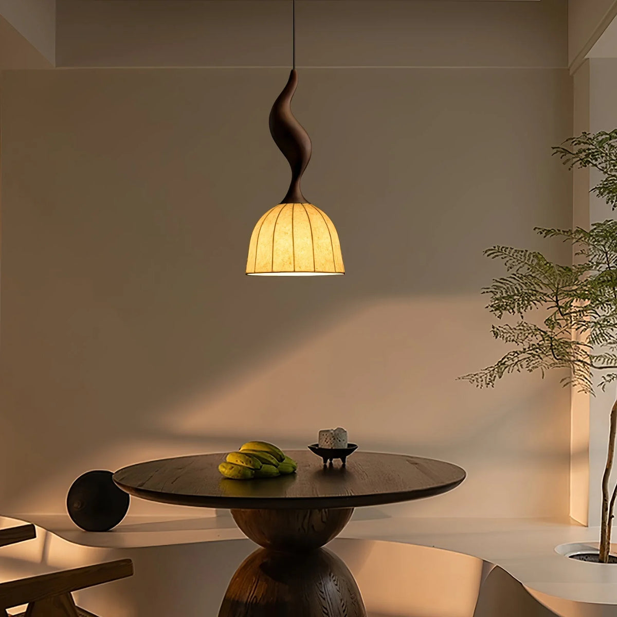 Pendant Light | Twisted Wood & White Paper Shade | 23 cm Diameter