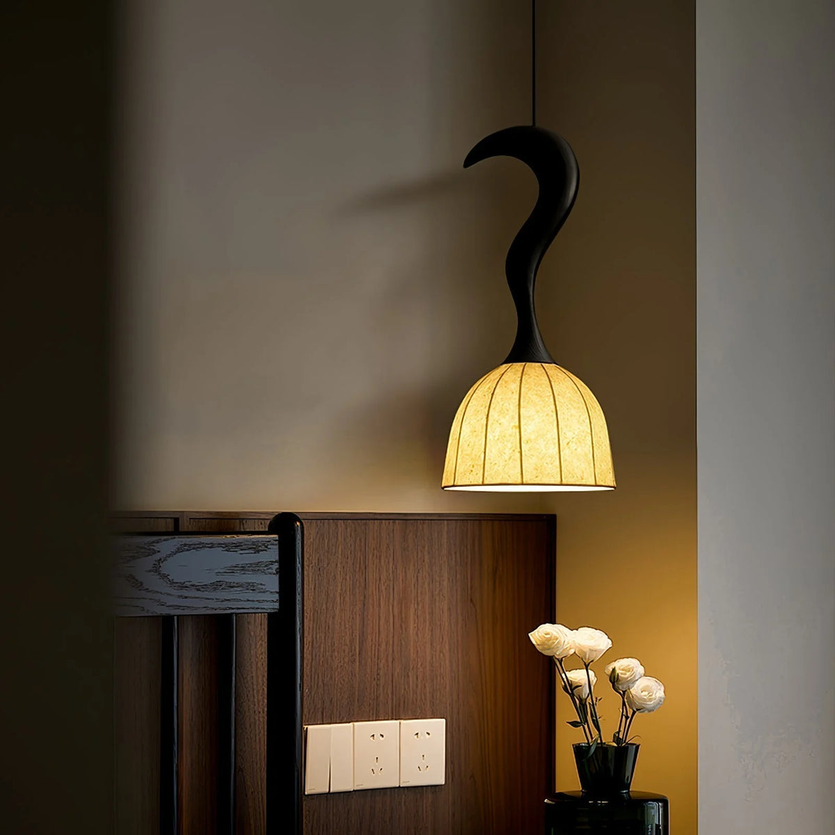 Pendant Light | Twisted Wood & White Paper Shade | 23 cm Diameter