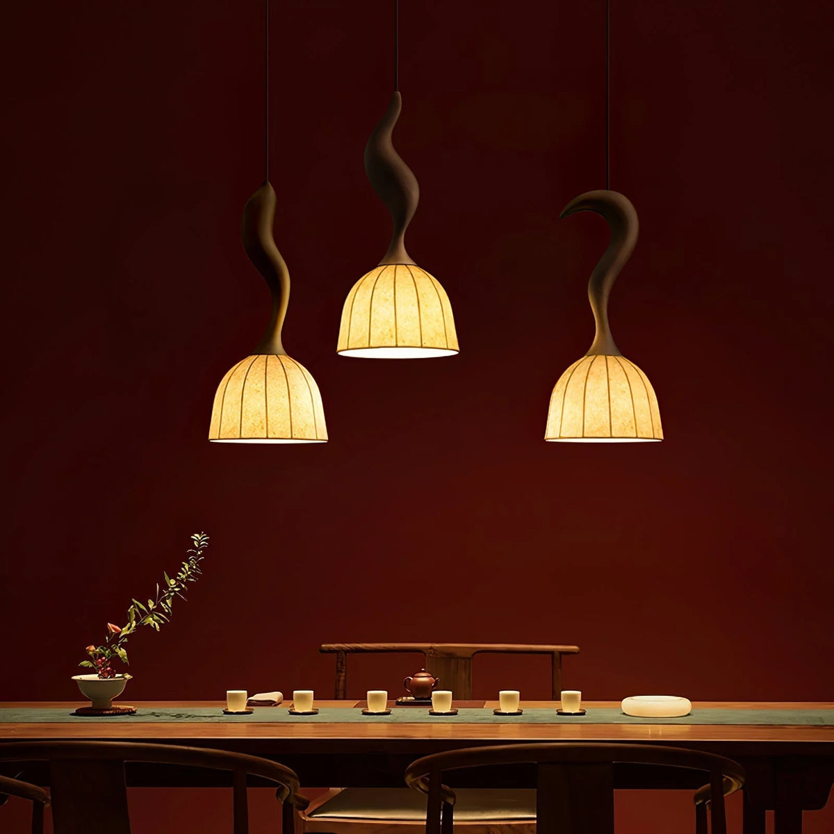 Pendant Light | Twisted Wood & White Paper Shade | 23 cm Diameter
