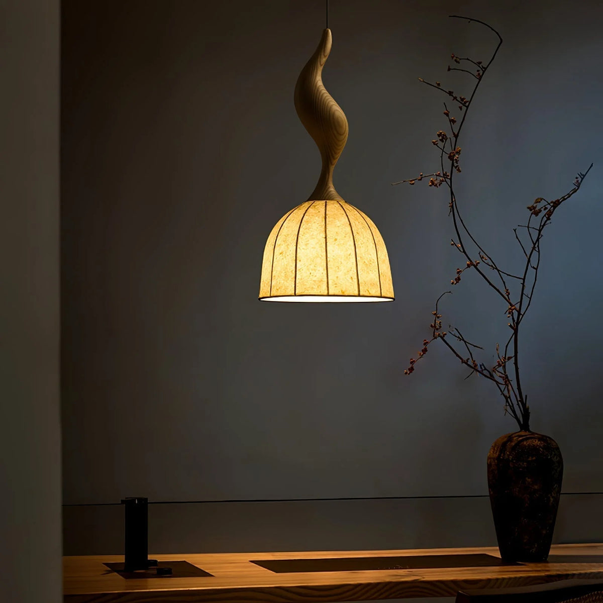 Pendant Light | Twisted Wood & White Paper Shade | 23 cm Diameter
