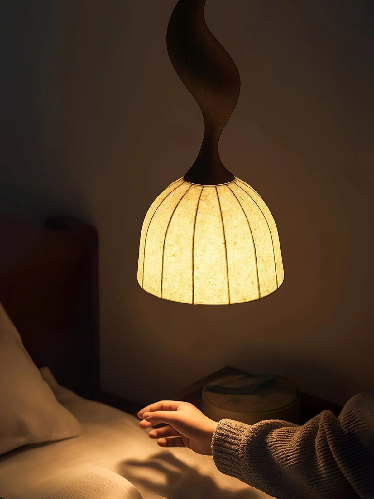 Pendant Light | Twisted Wood & White Paper Shade | 23 cm Diameter