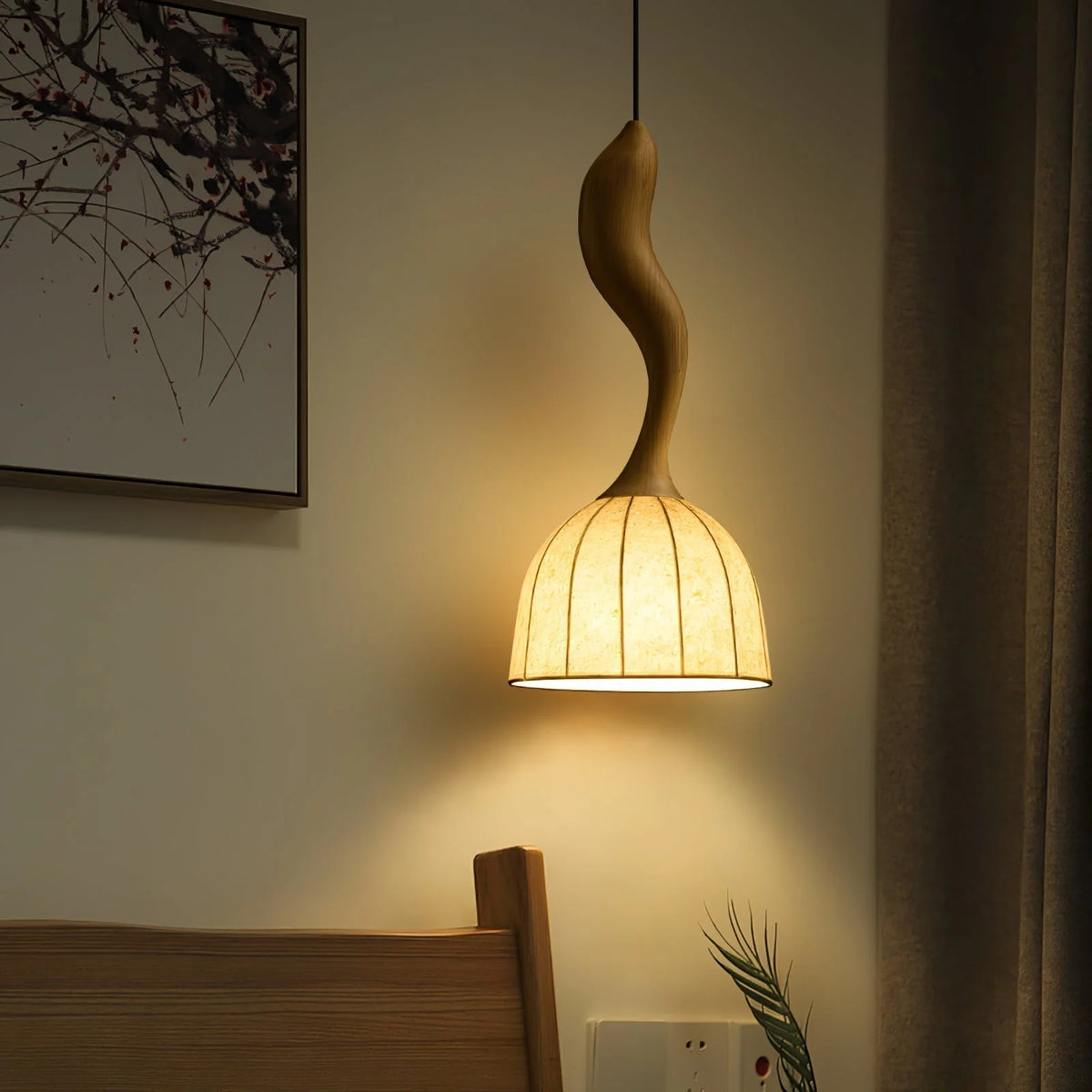 Pendant Light | Twisted Wood & White Paper Shade | 23 cm Diameter