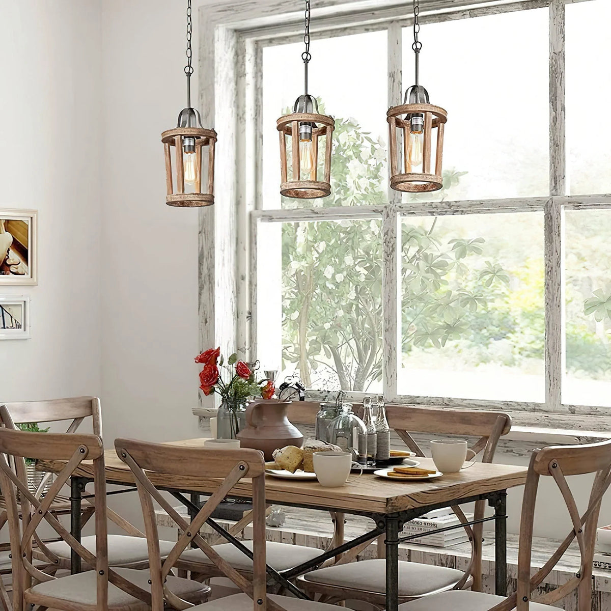 Pendant Light | Vintage Industrial Solid Wood & Metal | 20 cm Diameter