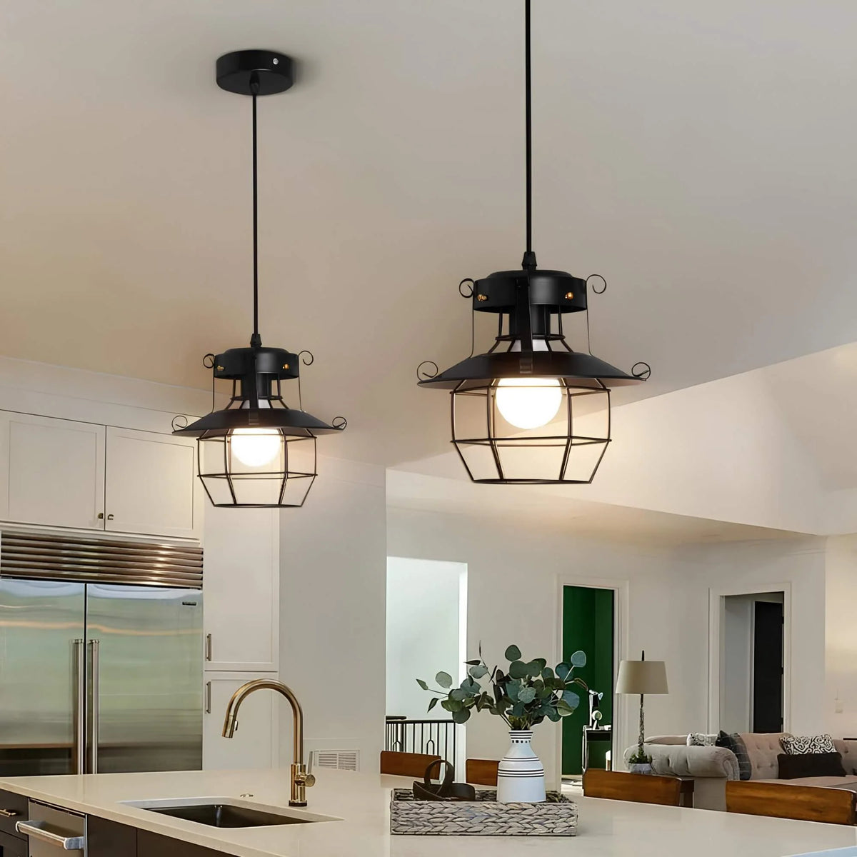 Pendant Light | Industrial Black Metal Cage | Adjustable Height