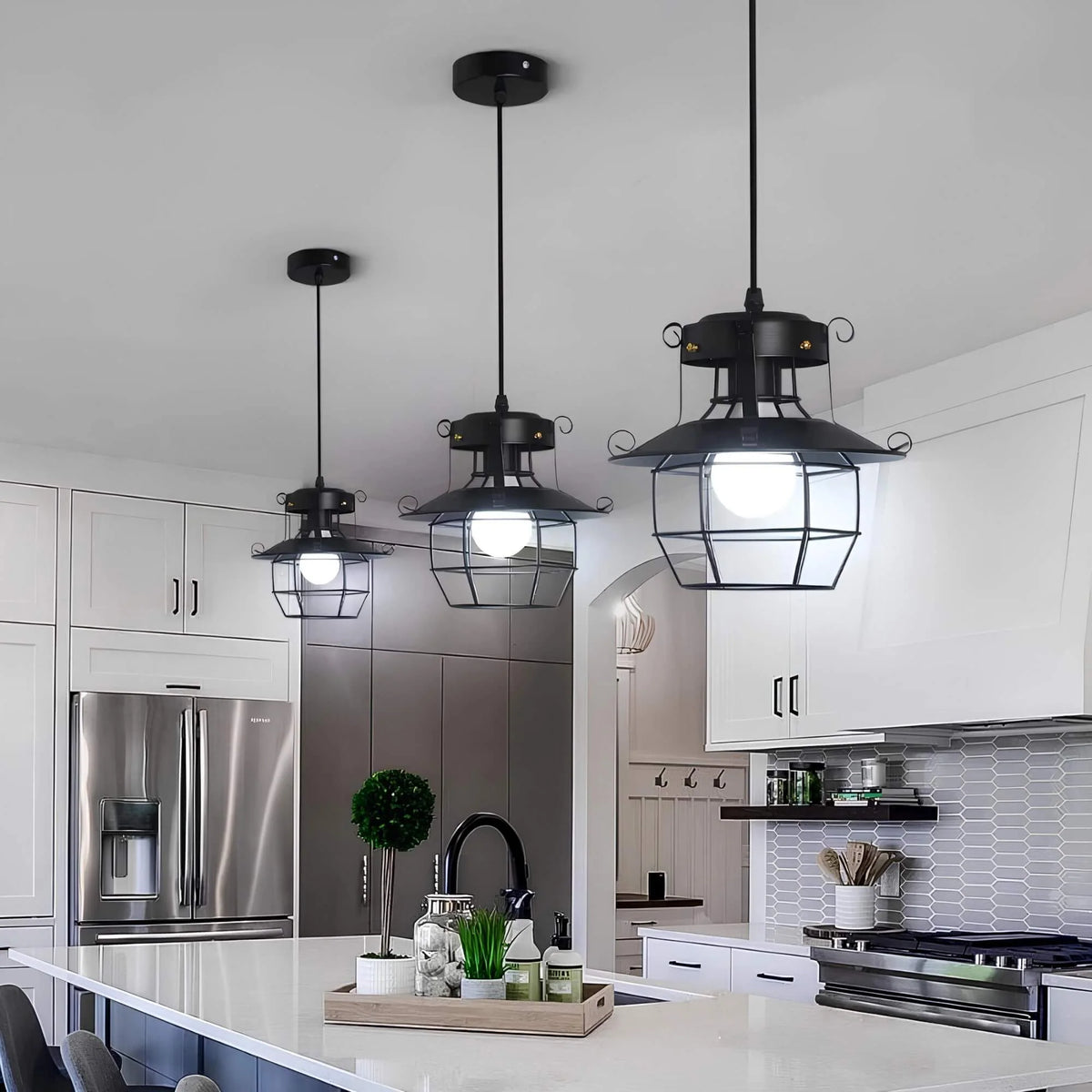 Pendant Light | Industrial Black Metal Cage | Adjustable Height